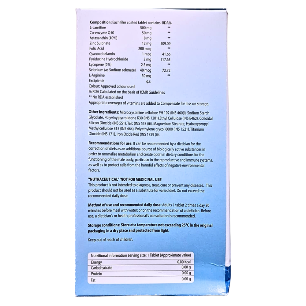 L-carnitine , Co-enzyme Q10 Astaxanthin (10%) Zinc Sulphate, Lycopene (6%) L-Arginine Vitamins & Minerals Tablets