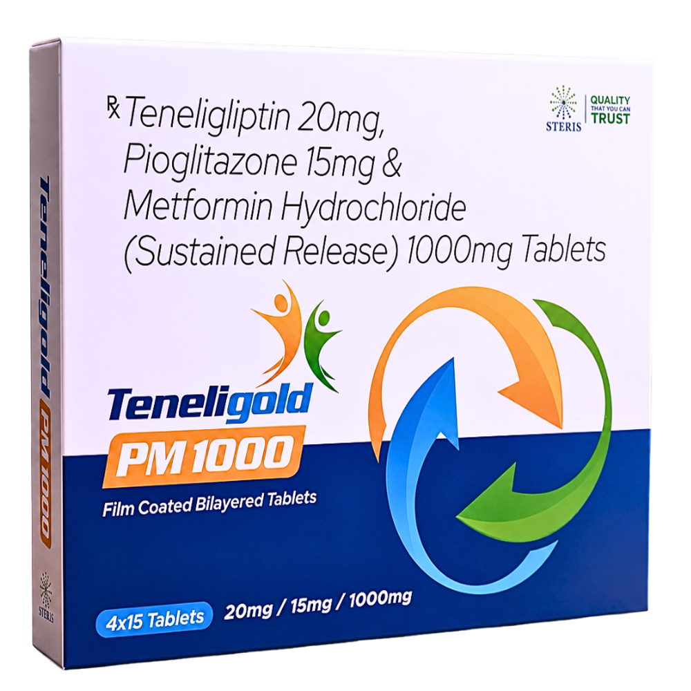 Teneligliptin 20mg,pioglitazone 15mg & Metformin Hydrochloride (sustained Release) 1000mg Tablets - Brand Name: Teneligold Pm 1000