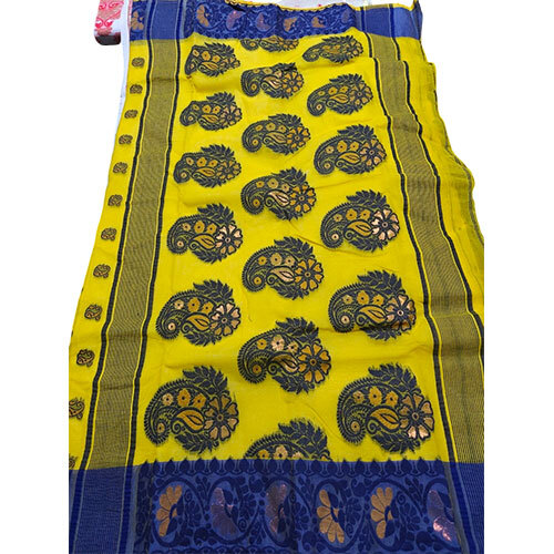 100% Cotton Baluchori Saree - Color: Yellow With Blue Borders