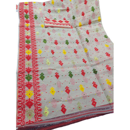 Dhakai Jamdami Saree - Color: Off-White Base With Multi-Color Motifs (Red