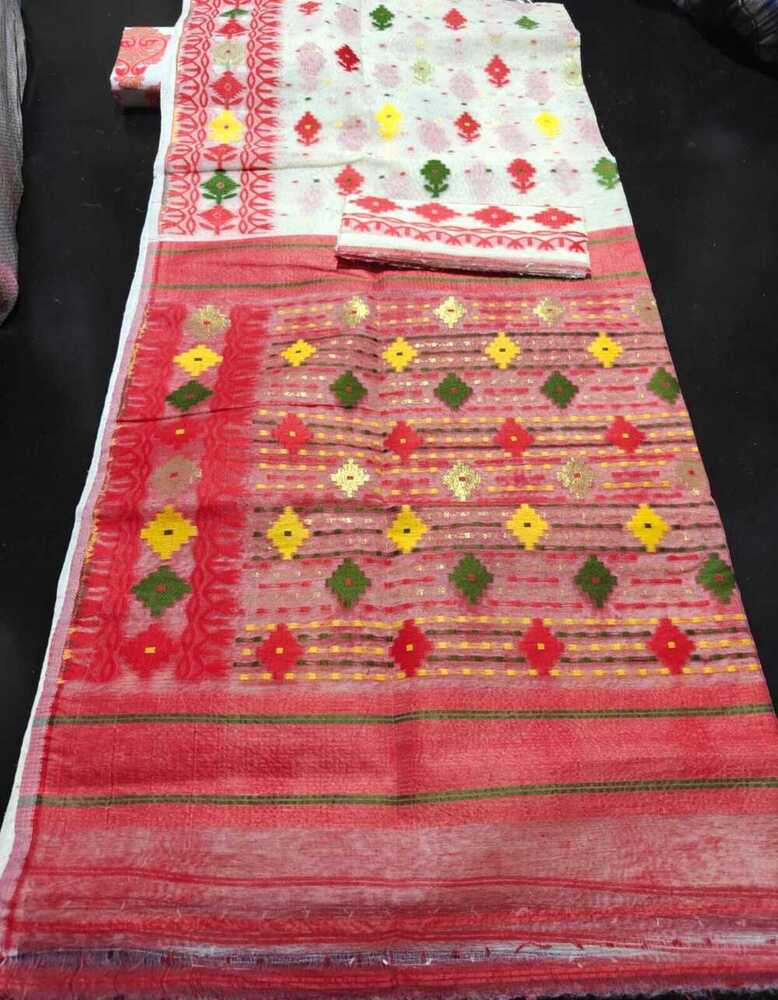 Ladies Dhakai Jamdani Saree - Color: White And Red With Multicolor Motifs