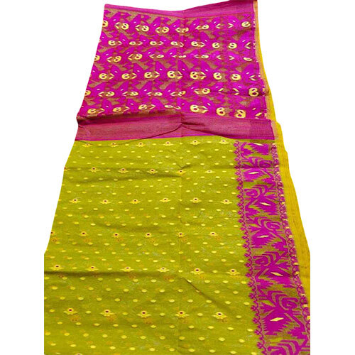 Mixed Dhakai Jamdami Saree - Color: Combination Of Yellow-Green Base With Pink Pallu And Border