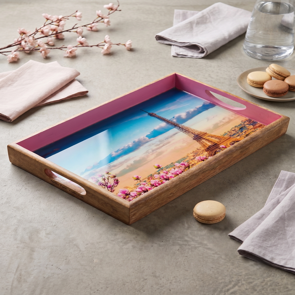 Wooden Rectangular Serving Tray with Cutout Handles | Paris Print Design | Pink Border | 16 Inch