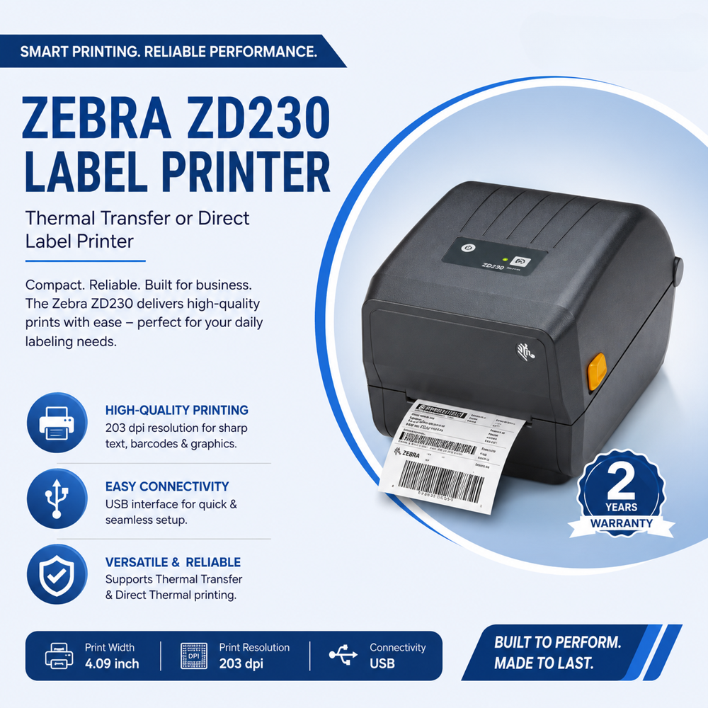 Zebra ZD230 Thermal Transfer / Direct Thermal Barcode Label Printer | 4.09 Inch | 203 DPI | USB | 2 Years Warranty