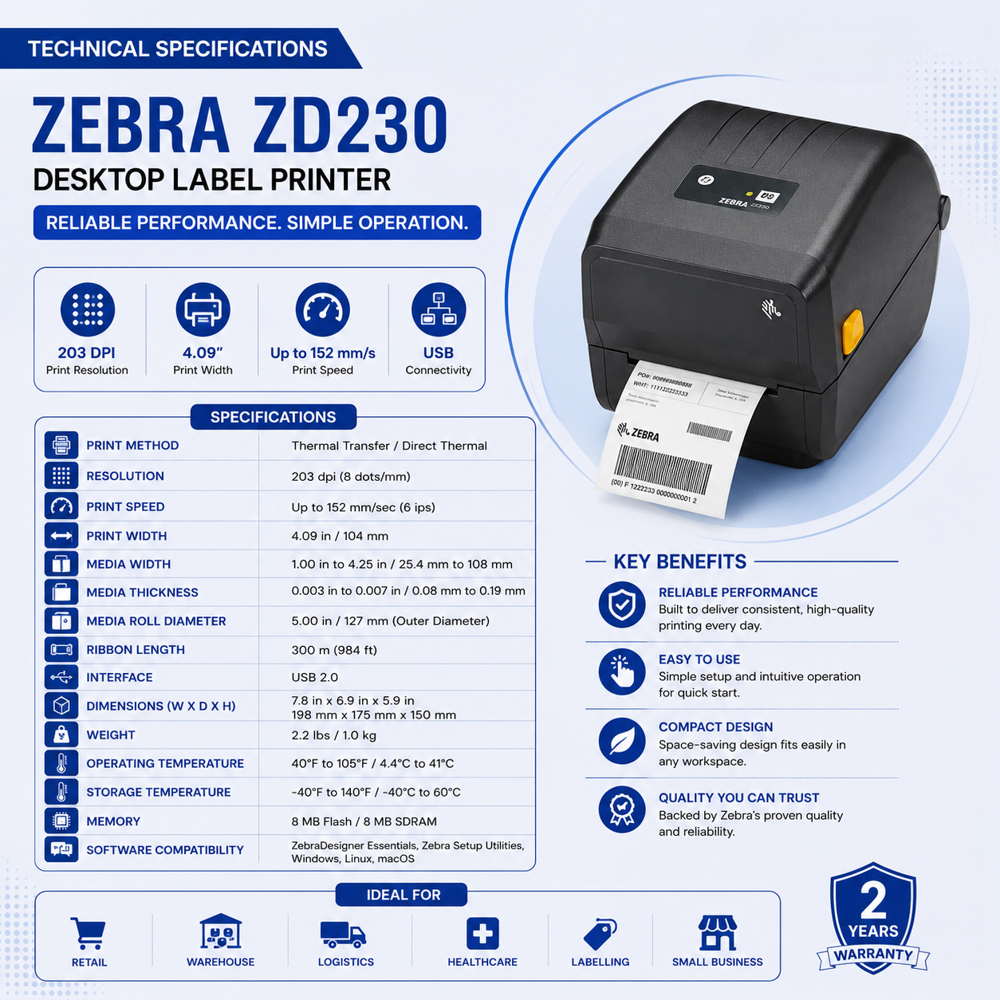 Zebra ZD230 Thermal Transfer / Direct Thermal Barcode Label Printer | 4.09 Inch | 203 DPI | USB | 2 Years Warranty