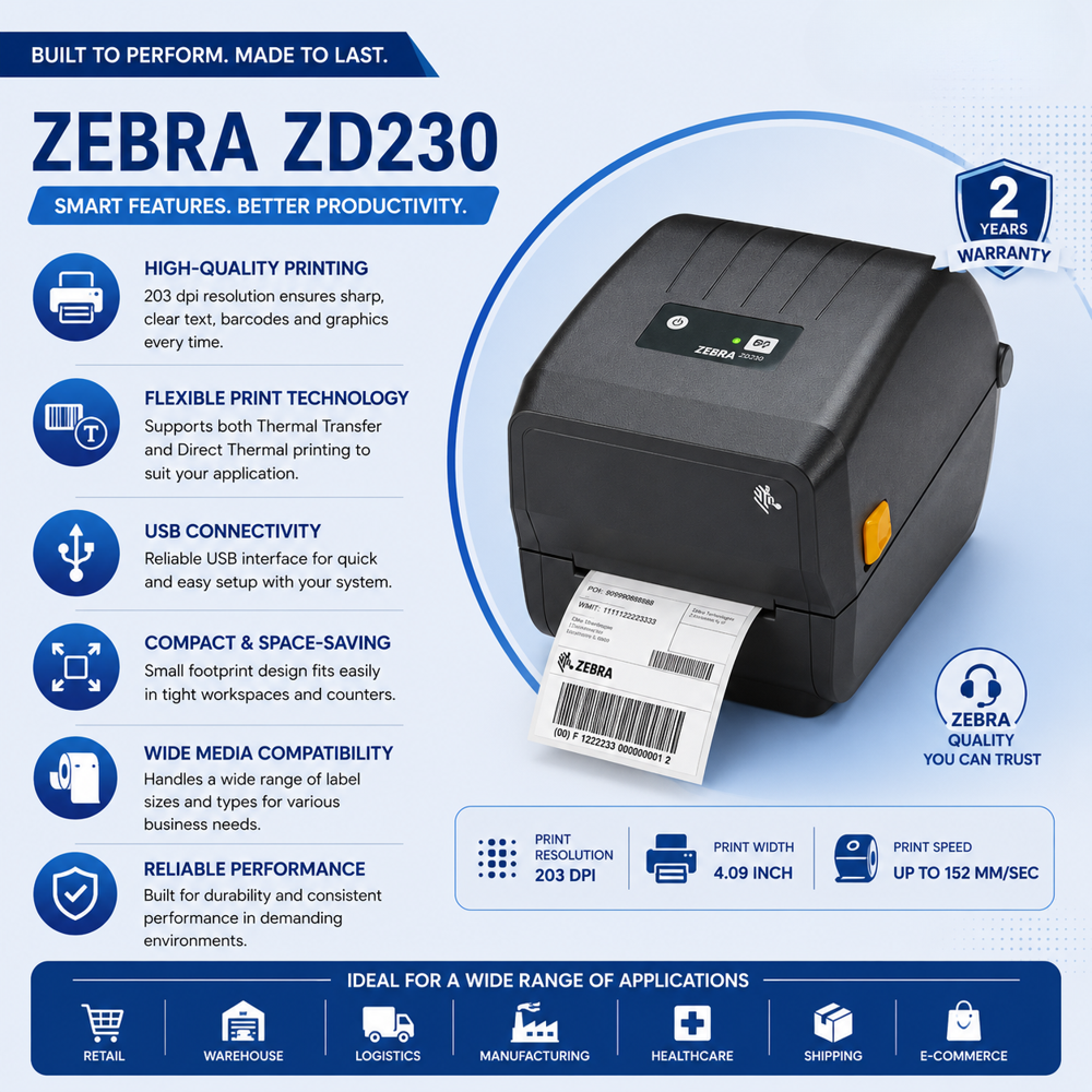 Zebra ZD230 Thermal Transfer / Direct Thermal Barcode Label Printer | 4.09 Inch | 203 DPI | USB | 2 Years Warranty