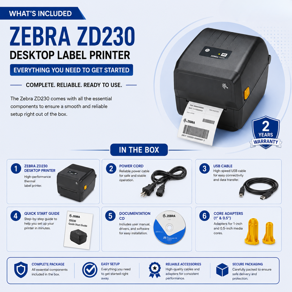Zebra ZD230 Thermal Transfer / Direct Thermal Barcode Label Printer | 4.09 Inch | 203 DPI | USB | 2 Years Warranty