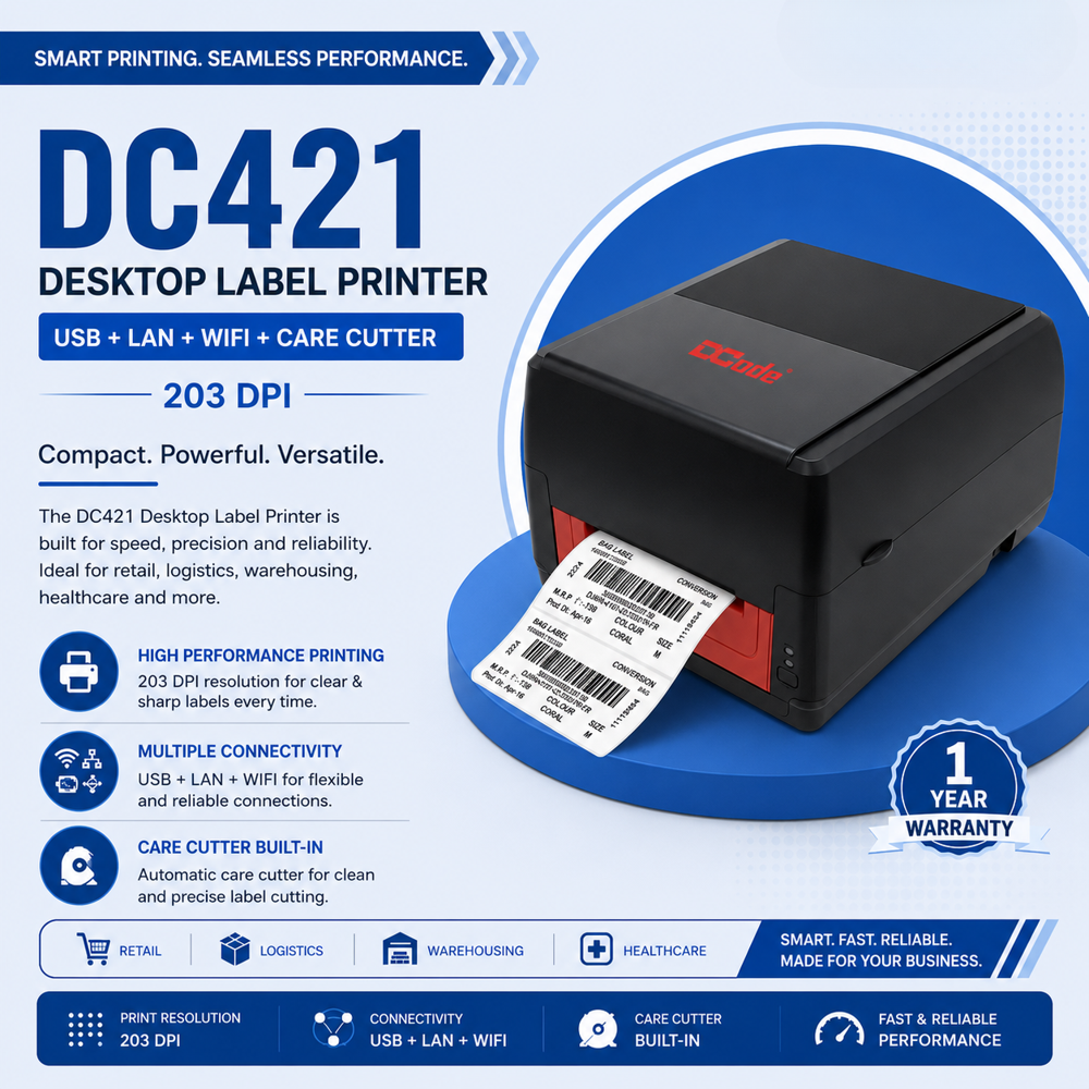DCODE DC421 Desktop Thermal Barcode Label Printer with USB + LAN + Wi-Fi + Built-in Care Cutter, 203 DPI