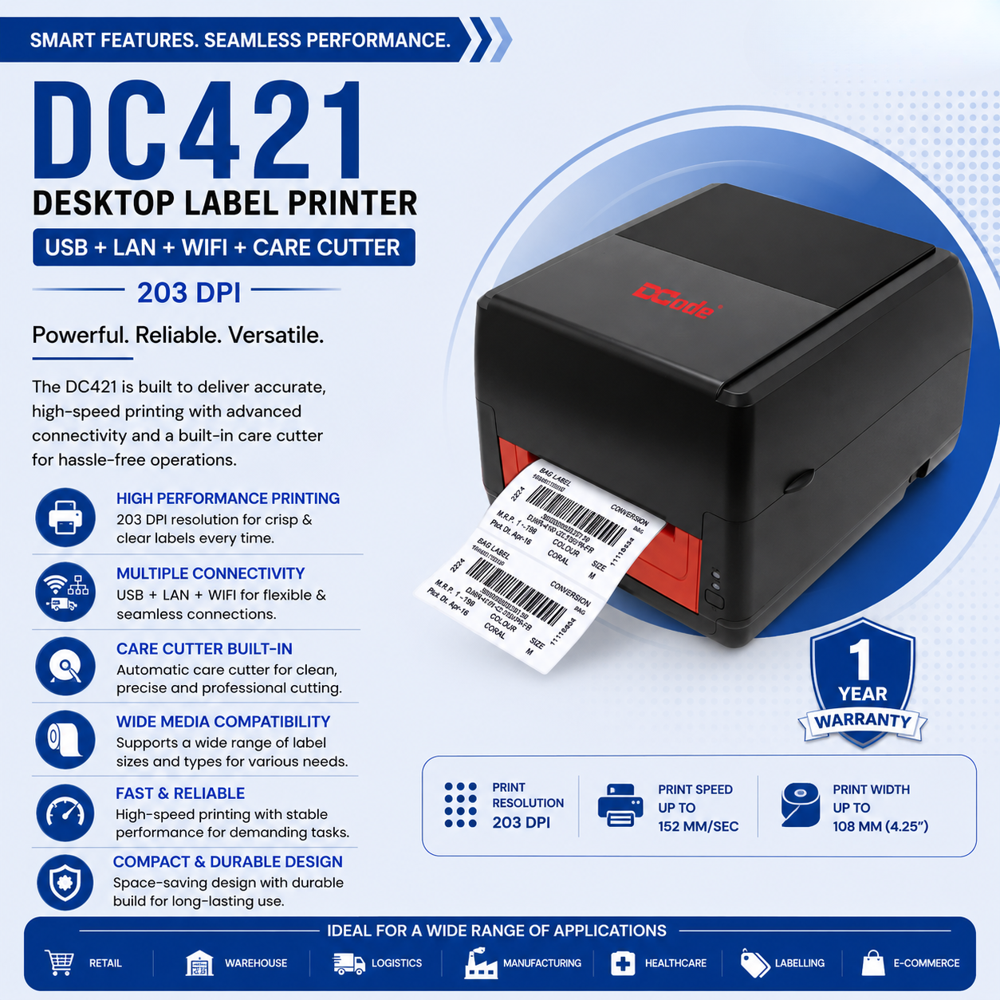 DCODE DC421 Desktop Thermal Barcode Label Printer with USB + LAN + Wi-Fi + Built-in Care Cutter, 203 DPI