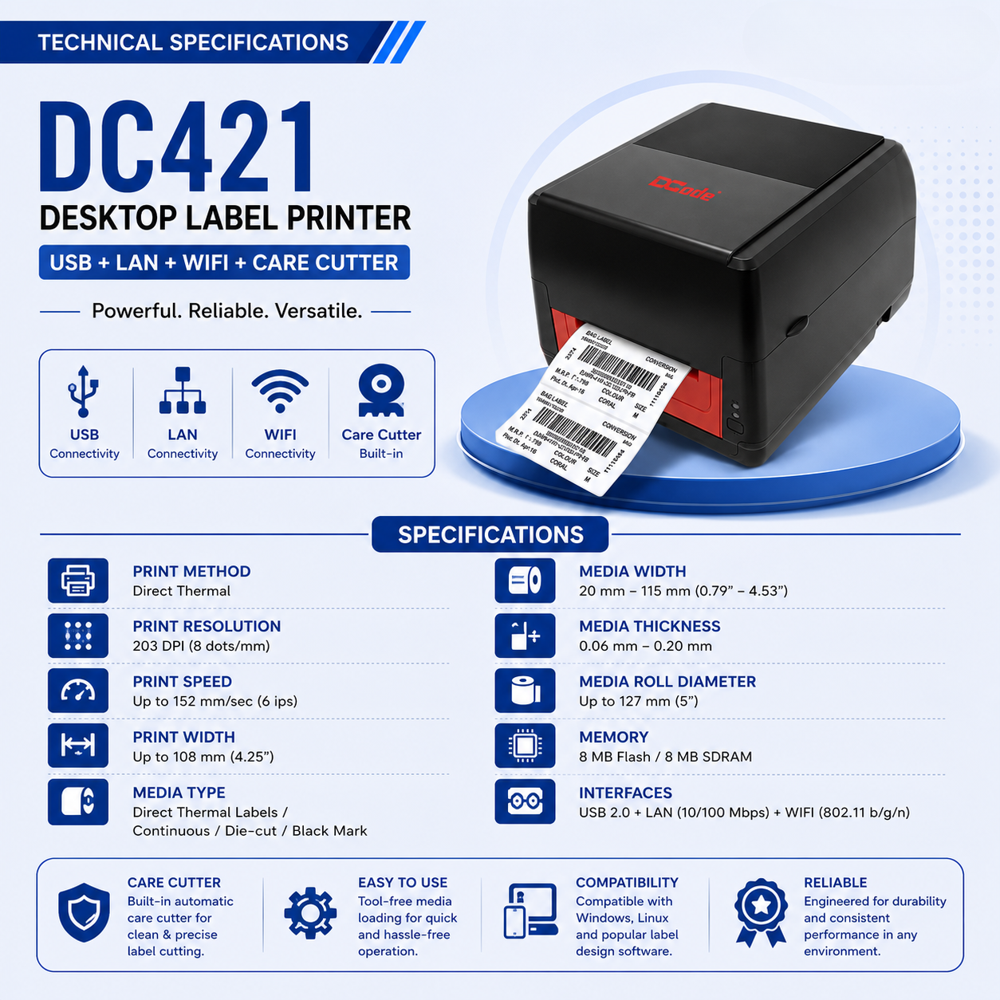 DCODE DC421 Desktop Thermal Barcode Label Printer with USB + LAN + Wi-Fi + Built-in Care Cutter, 203 DPI