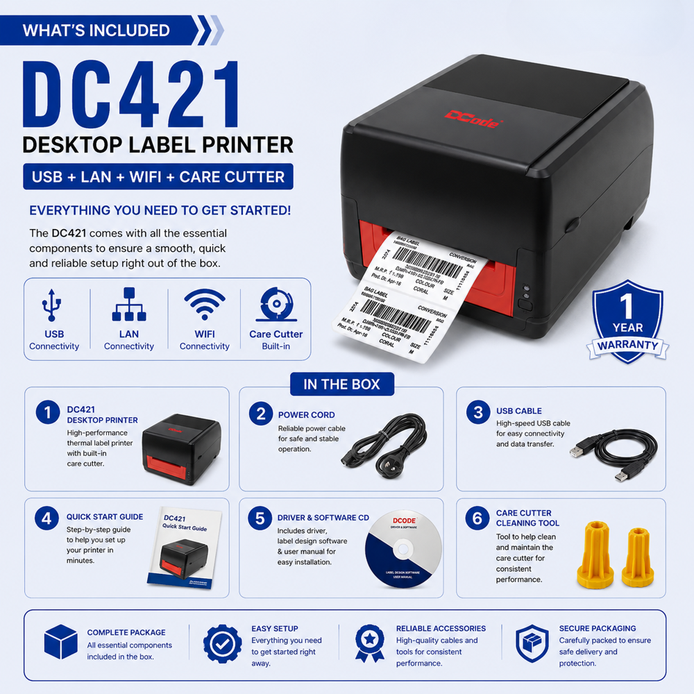 DCODE DC421 Desktop Thermal Barcode Label Printer with USB + LAN + Wi-Fi + Built-in Care Cutter, 203 DPI