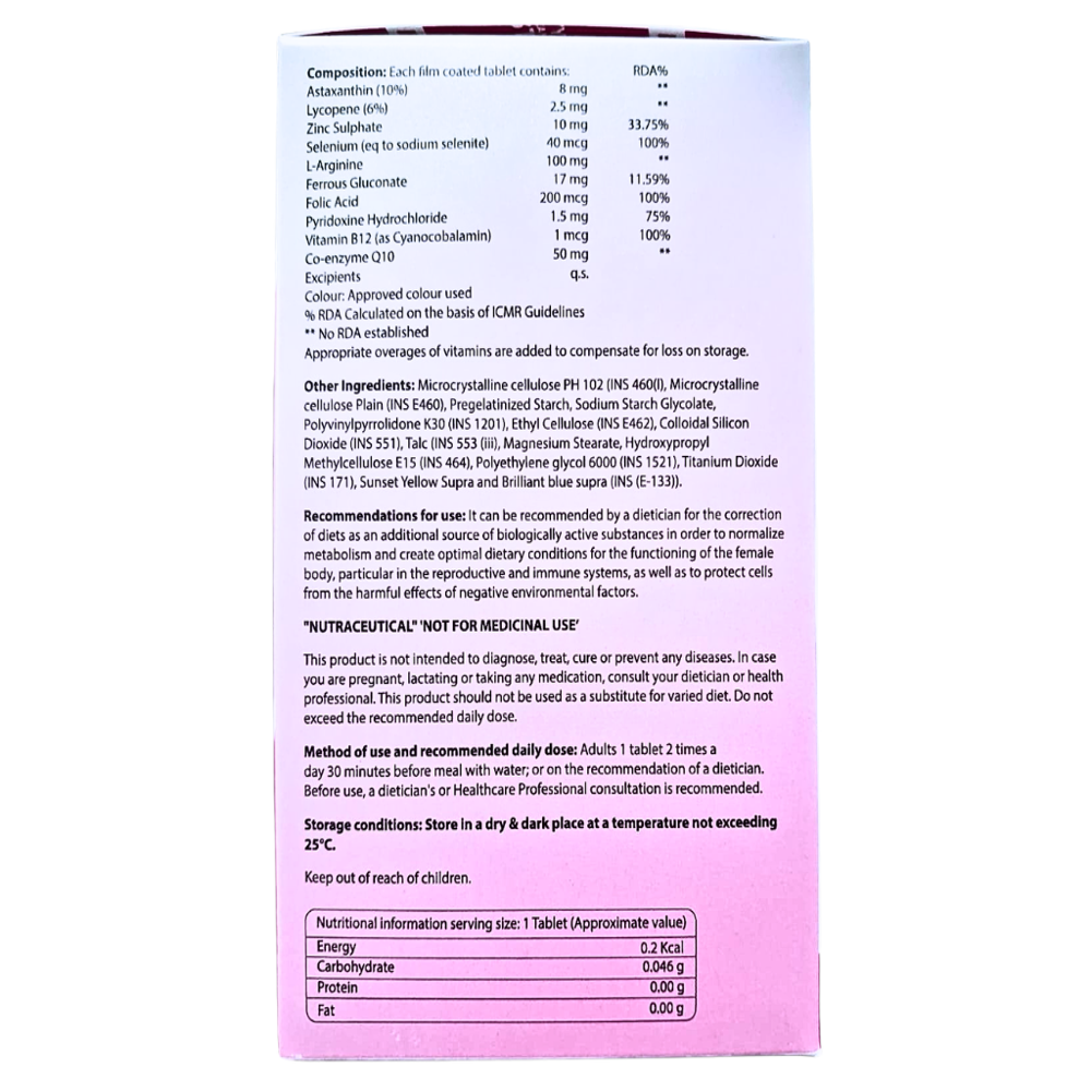 Astaxanthin,Lycopene,Zinc,Selenium,L-Arginine,Ferrous Gluconate,Folic Acid,Pyridoxine,Vitamin B12,Co- enzyme Q10 Tablets