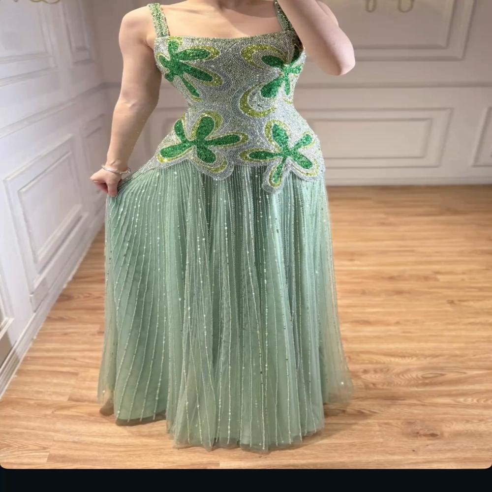 Mint Green Floral Hand Beaded Luxury Designer Evening Gown