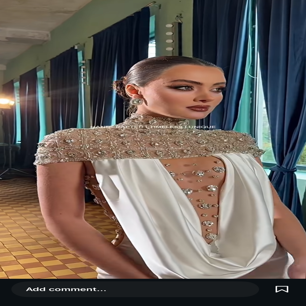 White Crystal Embellished Luxury Couture Evening Gown
