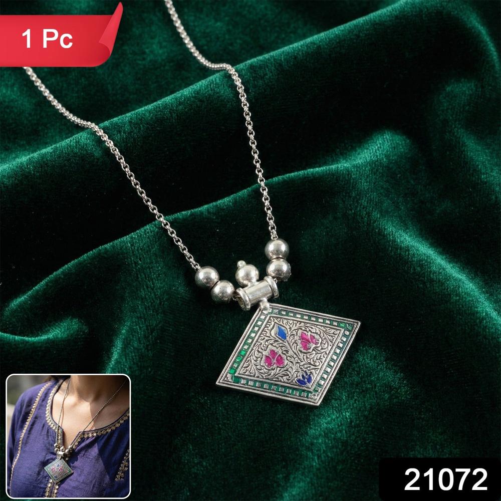 Traditional Square Motif Oxidised Silver Finish Pendant Necklace (1 Pc) - Age Group: As Per Product Requirement