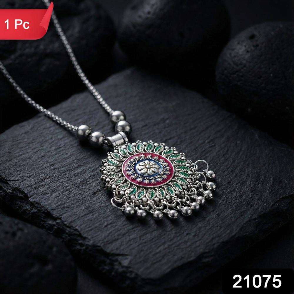 Antique Silver-Tone Oxidized Floral Mandala Pendant Necklace (1 Pc) - Age Group: As Per Product Requirement