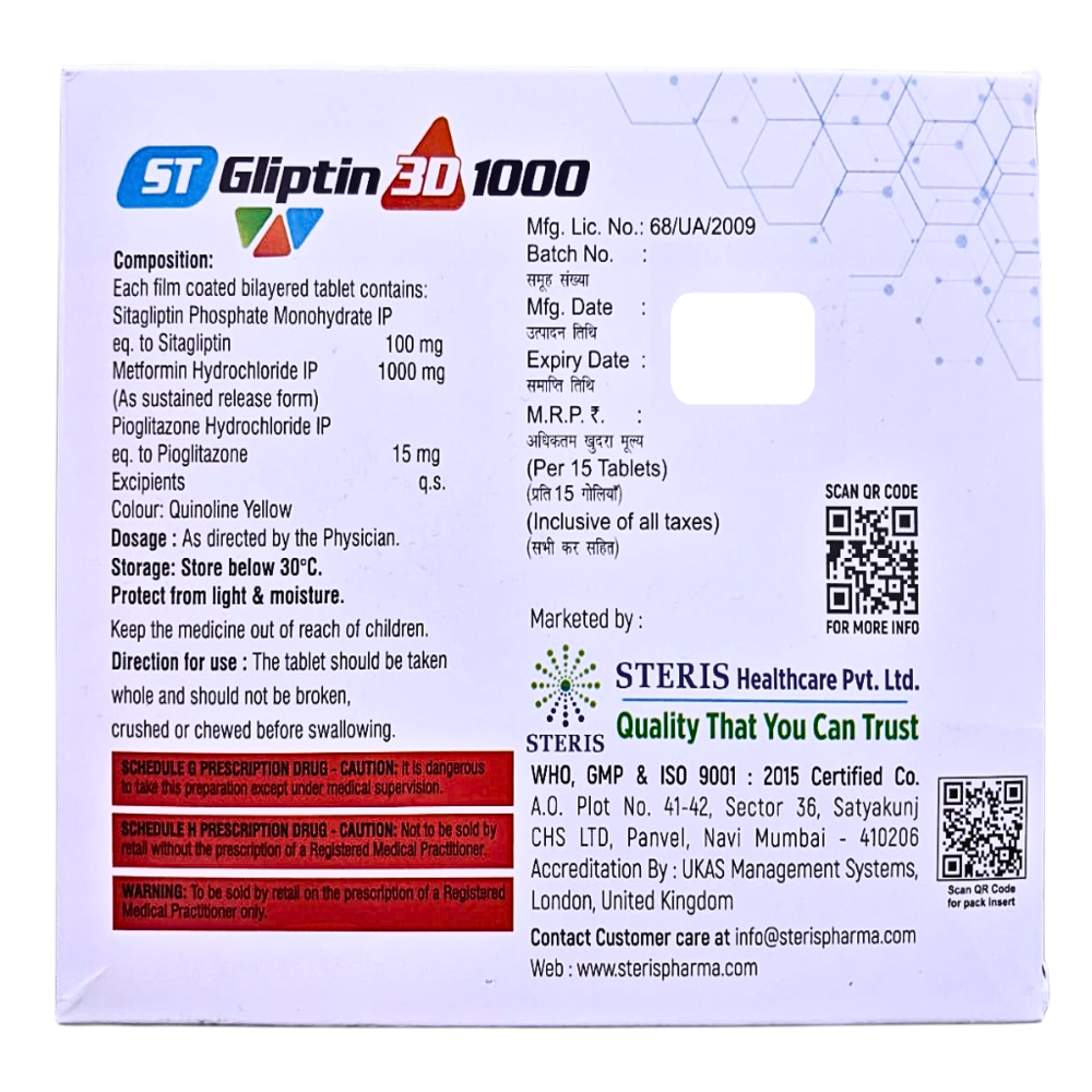 Sitagliptin (100mg), Metformin Hydrochloride (1000mg) Sustained Release & Pioglitazone 15 mg