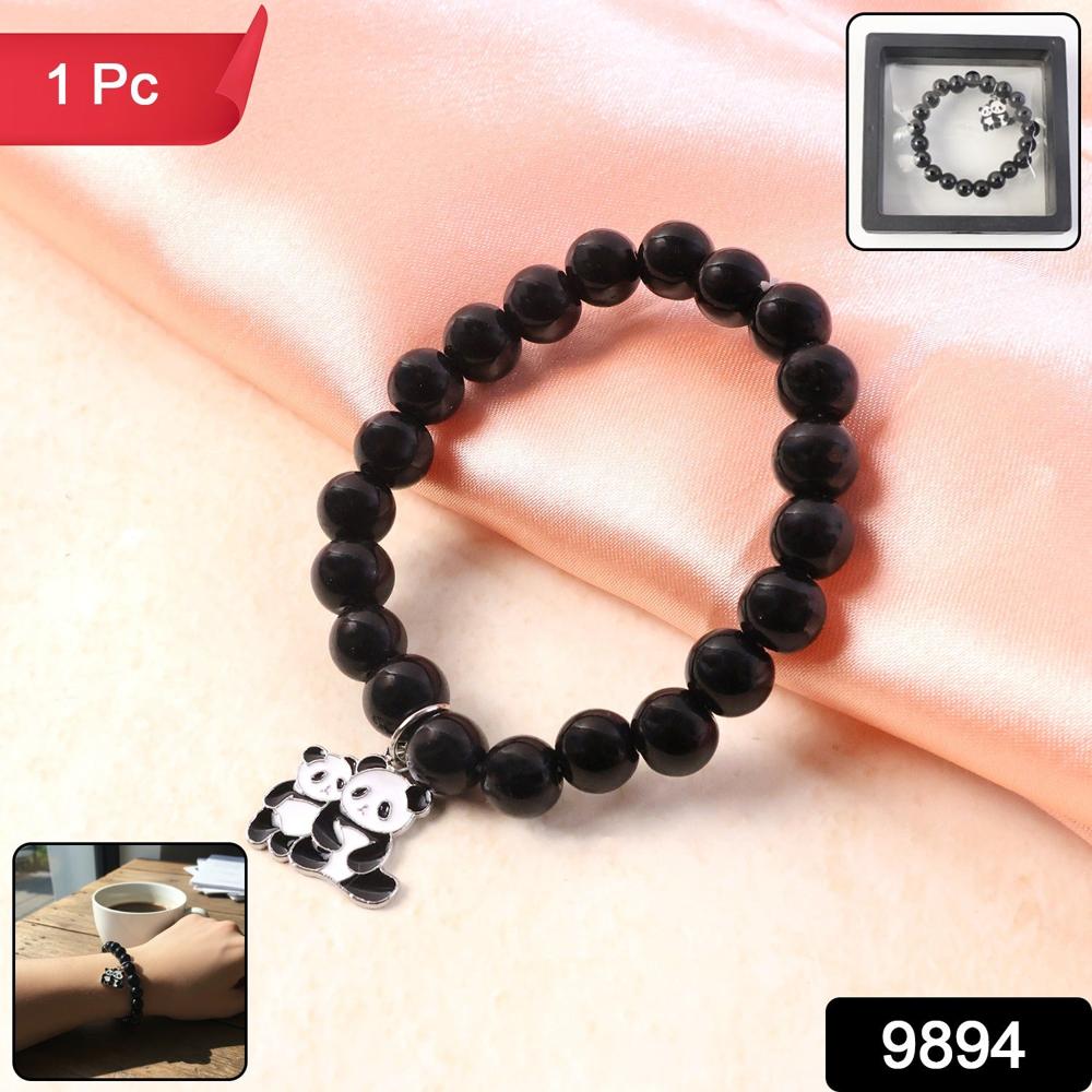 Premium Black Beaded Stretch Bracelet With Cute Panda Charm (1 Pc) - Application: As Per Product Requirement