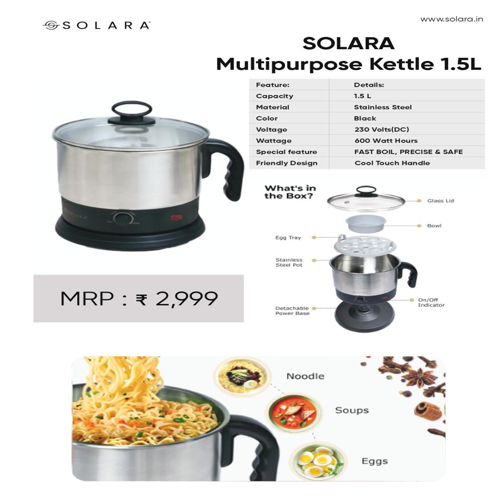 Solara Multipurpose Kettle 1.5l - Stainless Steel Body, 1.5l, Glass Lid | Auto Shutoff, Boil-dry Protection, Rotary Knob Control