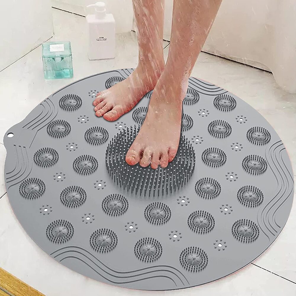 Round Shower Mat with Drain Holes, Feet Massager Textrued Grip Suction Cups