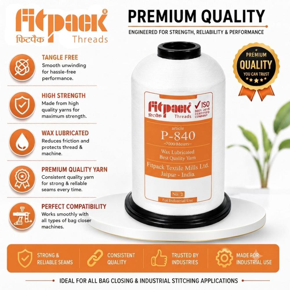 P-840 Industrial Nylon Bag Closing Thread For Hdpe Sack Stitching - 100% Polypropylene, 840 Denier, White, Mercerized | High Tenacity, Low Shrinkage, Intermingled