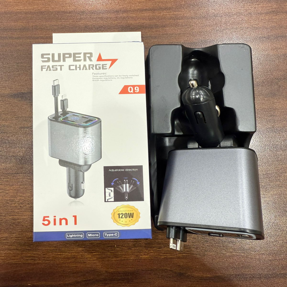 Q9 5In1 Car Charger - Feature: Built-In Retractable Charging Cables: Includes 2 Retractable Cables 1 Type-C And 1 Lighting Cable