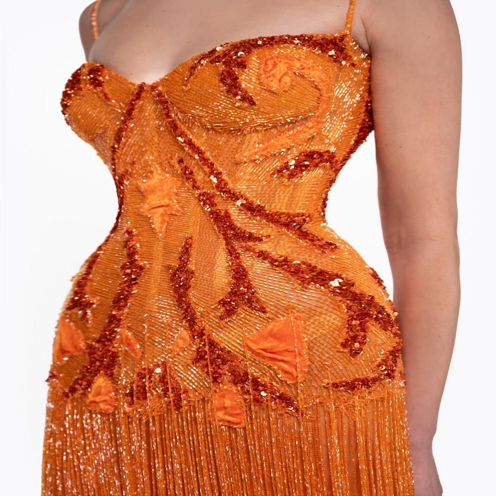 Burnt Orange Hand Beaded Fringe Luxury Designer Evening Gown