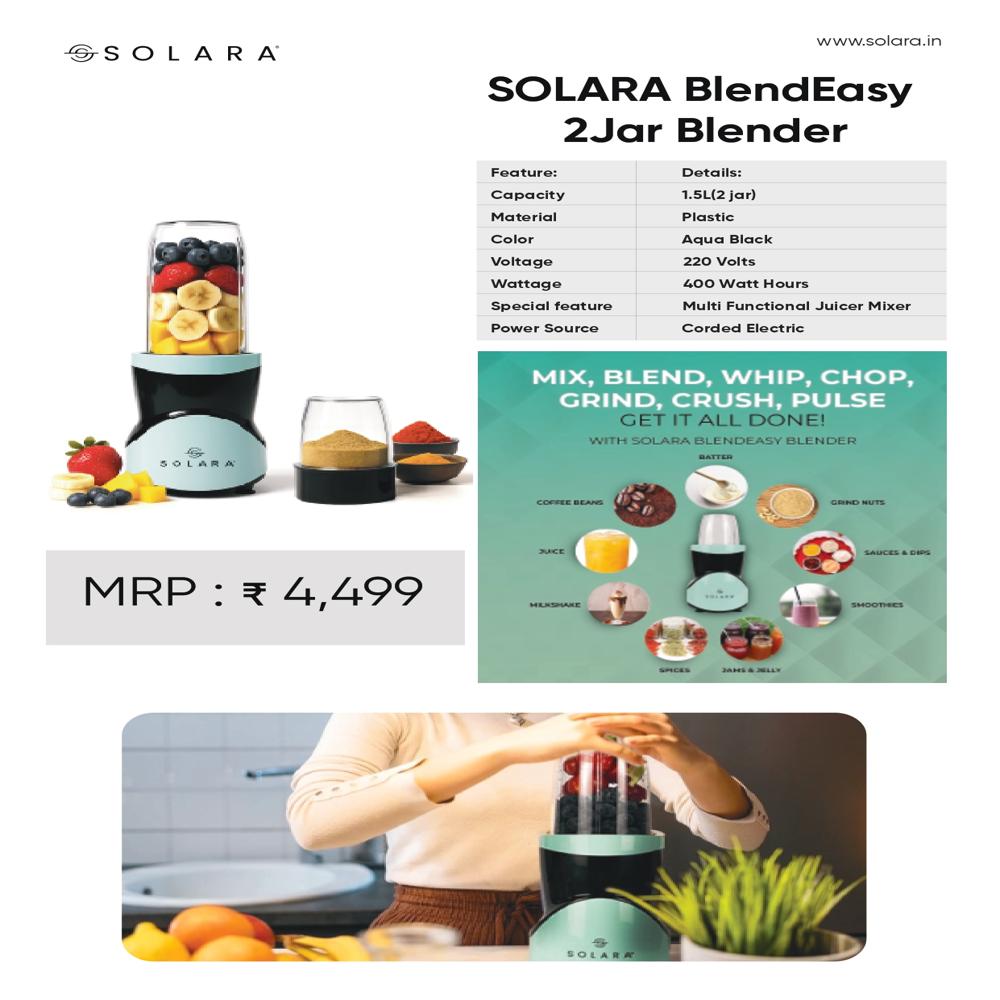 Solara 2 Jar Blender - Abs Plastic & Stainless Steel, Compact Black & Mint Blue, 350w Motor, 500ml + 200ml Jars, Pulse Function