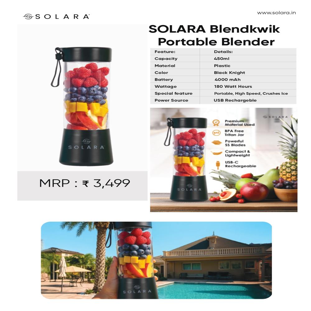 Solara Portable Blender - Stainless Steel & Abs, 350ml, Matte Black | Usb Rechargeable, One-touch, Safety Lock, Dishwasher Safe