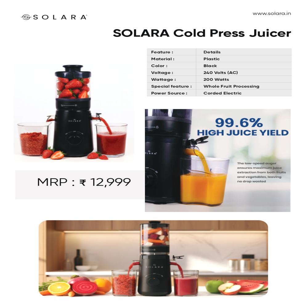 Solara Cold Press Juicer - Abs Body With Stainless Steel, Standard Size, Matte Black | 55 Rpm, 200w Motor, Safety Locking Arm, Easy Cleaning