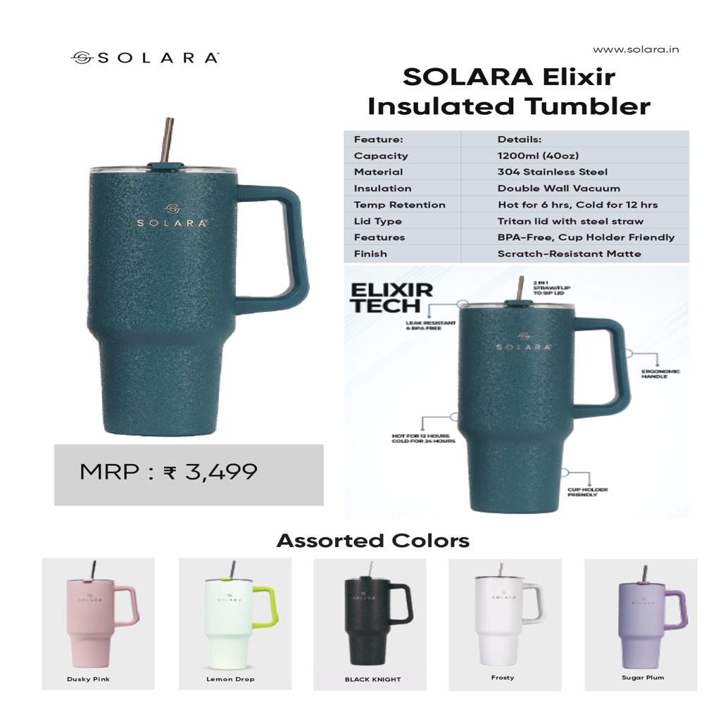 Solara Exlixir Insulated Tumbler - Stainless Steel, 40 Oz, Teal Blue | Double-wall Vacuum Insulation, Spill-proof Lid, Ergonomic Handle