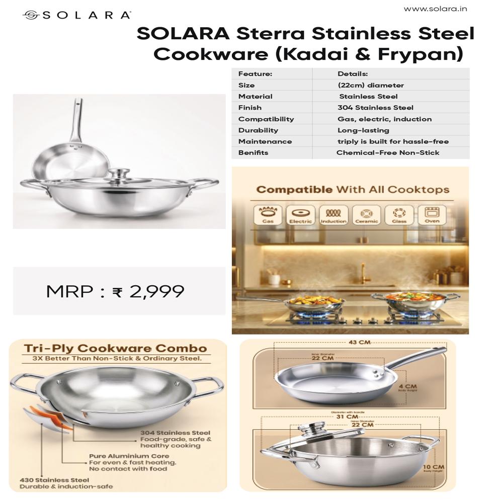 Solara Ss Cookware - Stainless Steel, Standard Size, Silver | Heavy Gauge, Induction Compatible, Dishwasher Safe