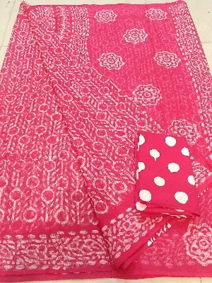 Cotton Kota Doria Hand Battik Print Saree - Color: Pink