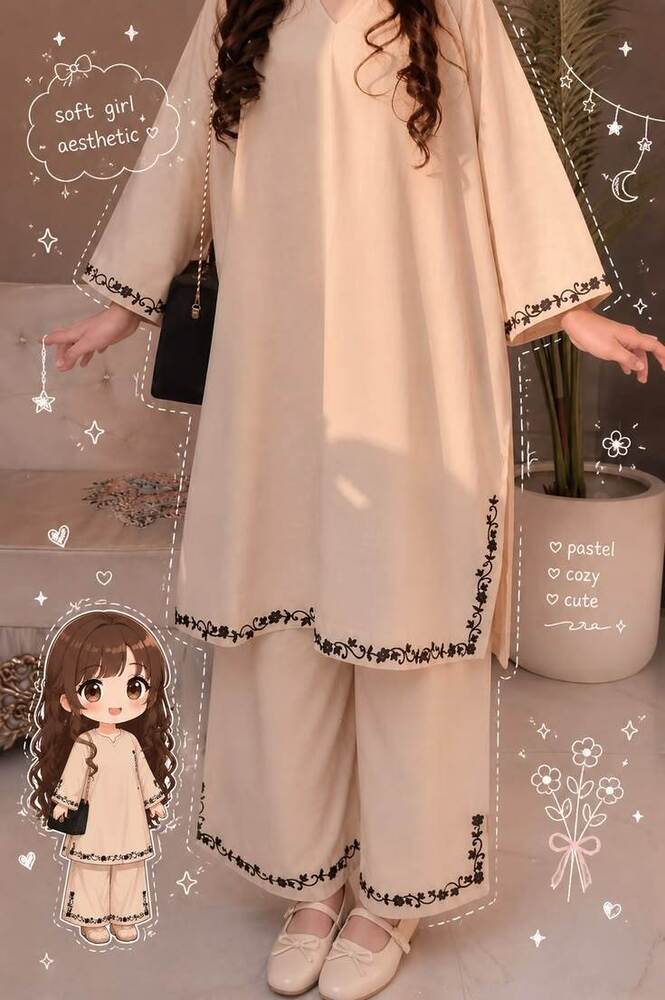 Beige Embroidered Kurti Palazzo Set