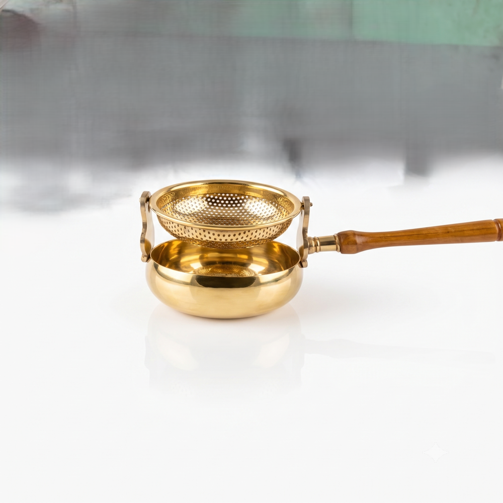 Brass Tea Strainer with Drip Bowl Stand | Wooden Handle Fine Mesh Tea Filter | 3 Inch