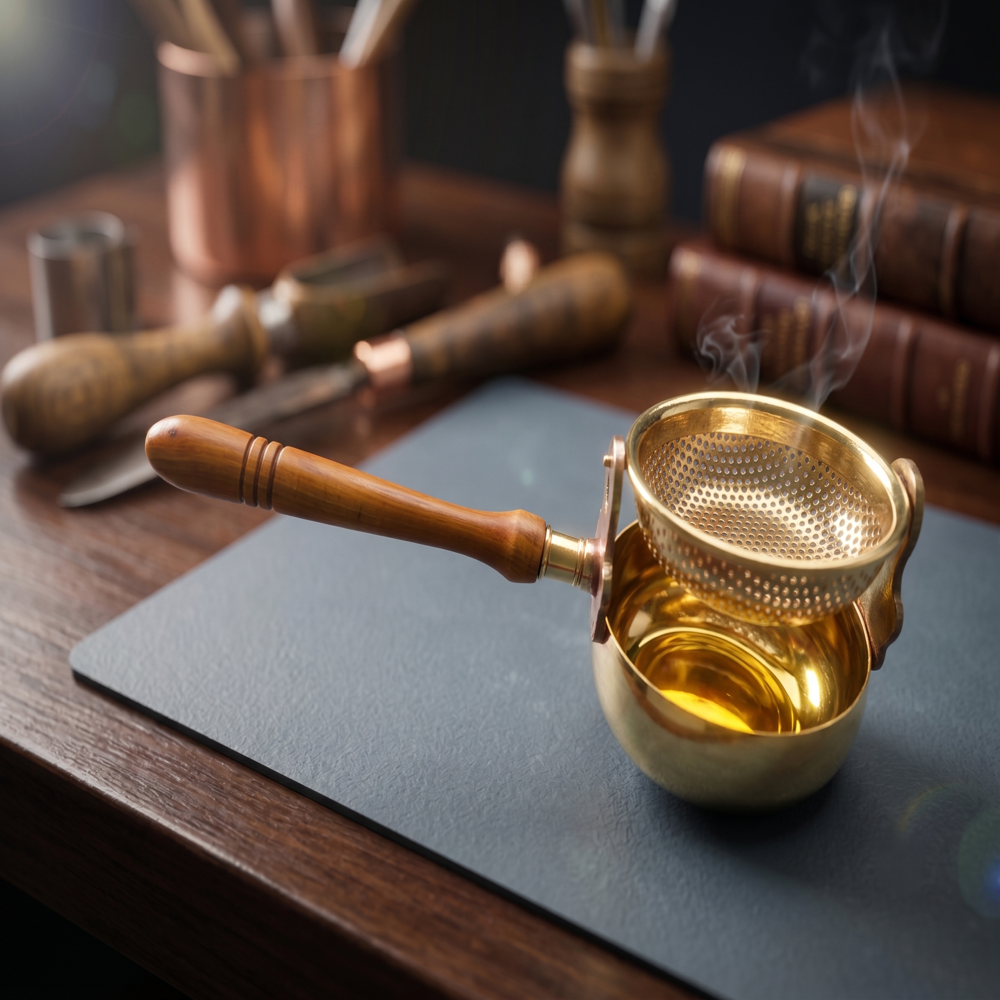 Brass Tea Strainer with Drip Bowl Stand | Wooden Handle Fine Mesh Tea Filter | 3 Inch