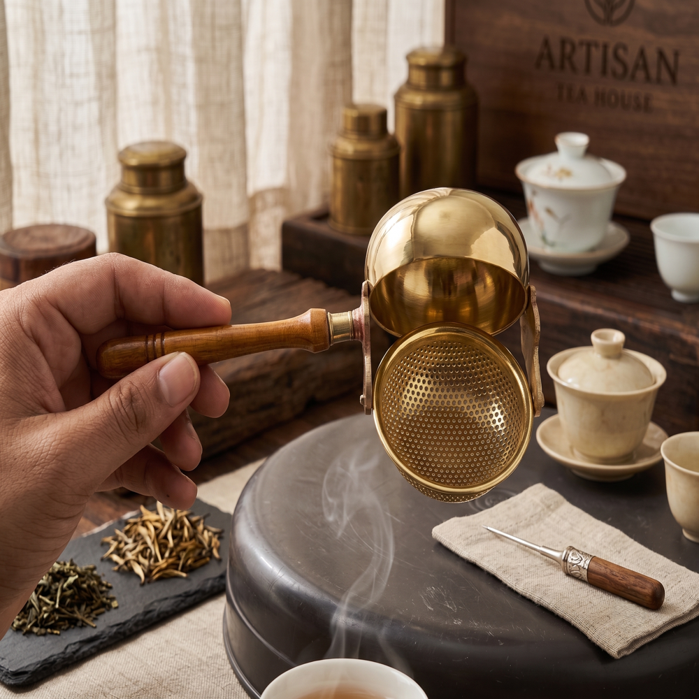 Brass Tea Strainer with Drip Bowl Stand | Wooden Handle Fine Mesh Tea Filter | 3 Inch