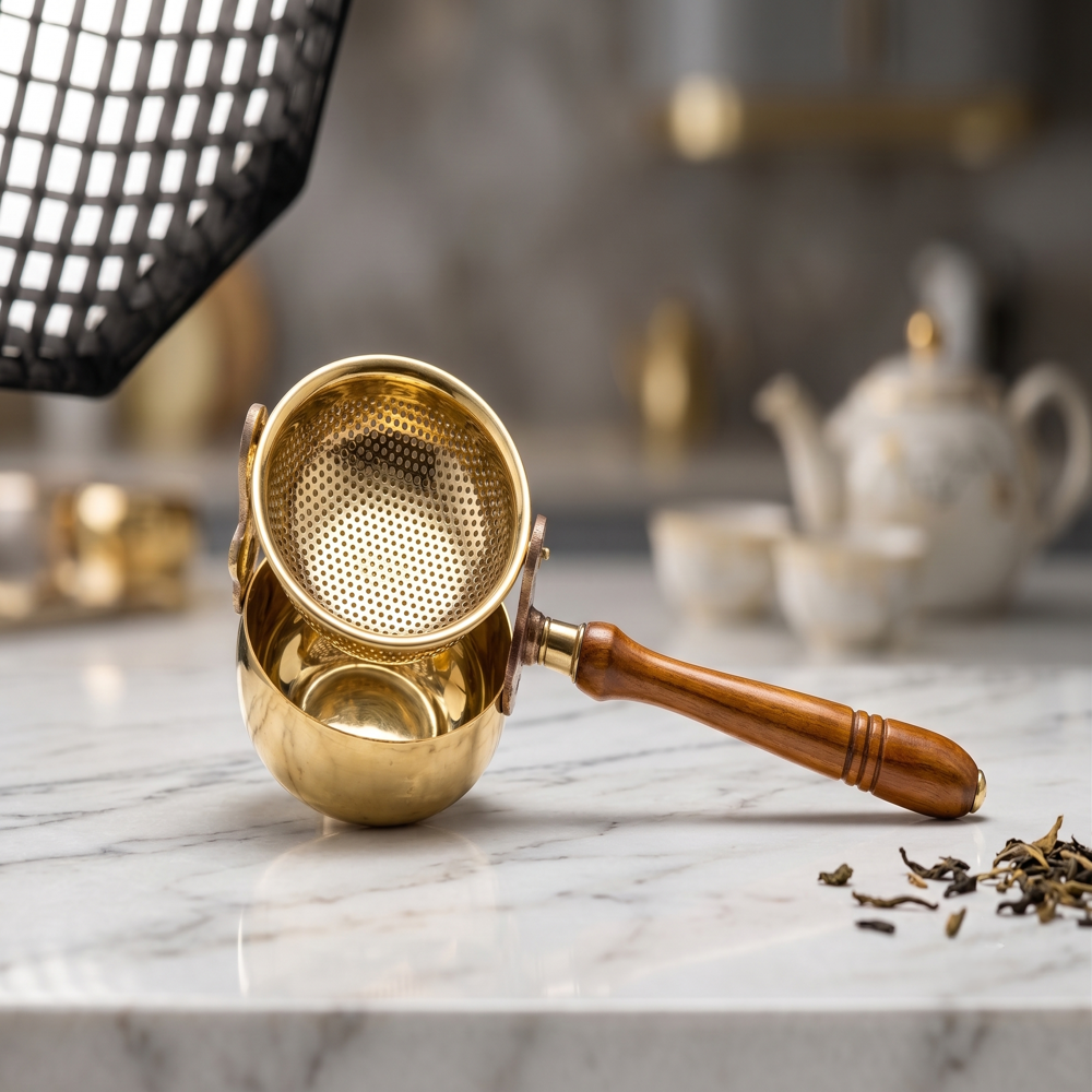 Brass Tea Strainer with Drip Bowl Stand | Wooden Handle Fine Mesh Tea Filter | 3 Inch