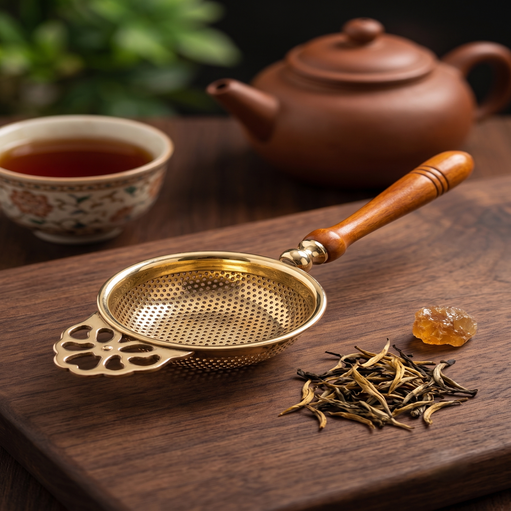 Brass Tea Strainer With Wooden Handle - Color: Gold