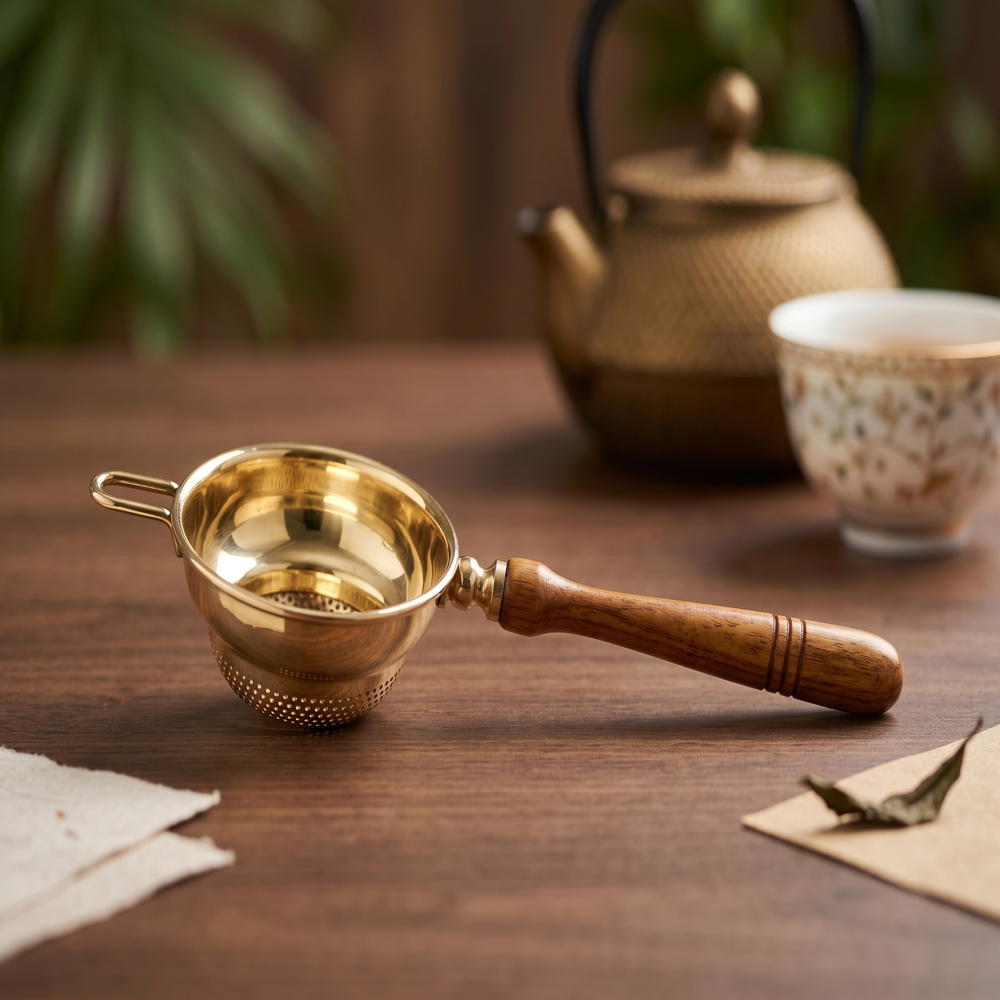 Brass Tea Strainer With Wooden Handle - Color: Gold