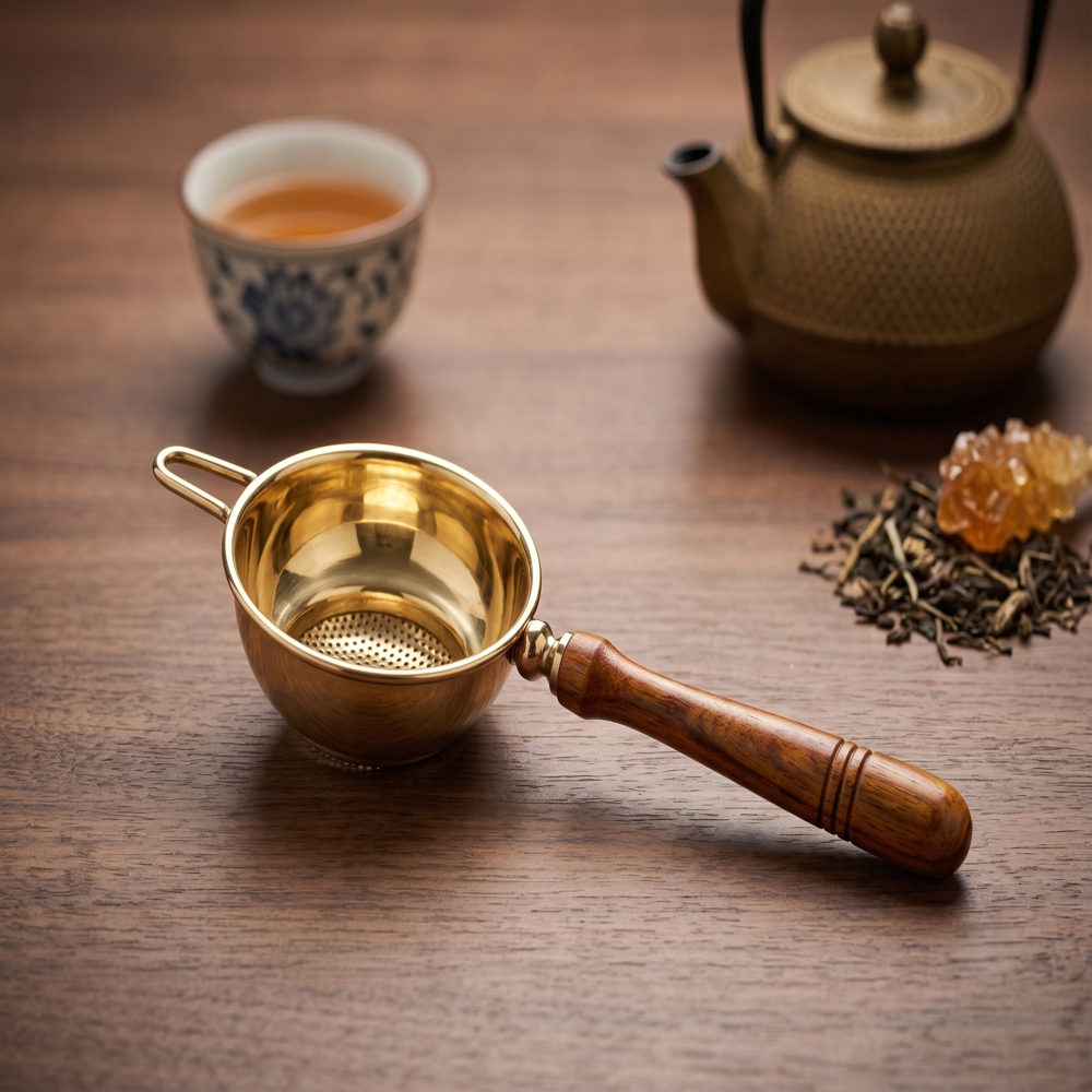 Tea Strainer with Wooden Handle brass