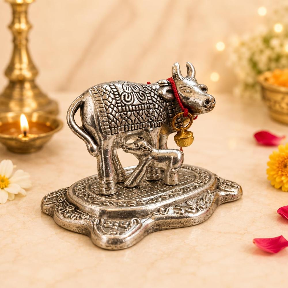 German Silver Kamdhenu Cow with Calf Ido