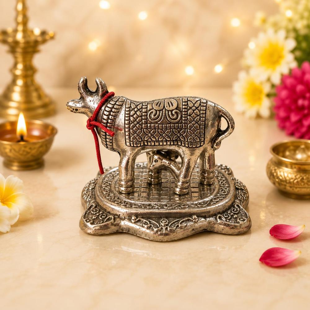 German Silver Kamdhenu Cow with Calf Ido