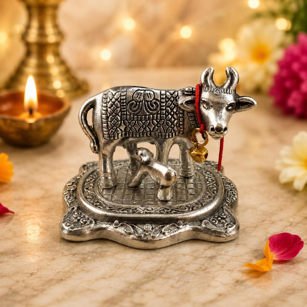 German Silver Kamdhenu Cow with Calf Ido