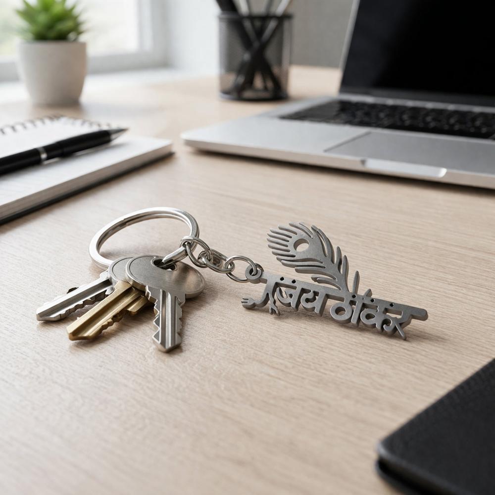Premium Metal Jay Thakar Peepal Leaf Design Keychain 1 Pc - Color: Car & Motorbike