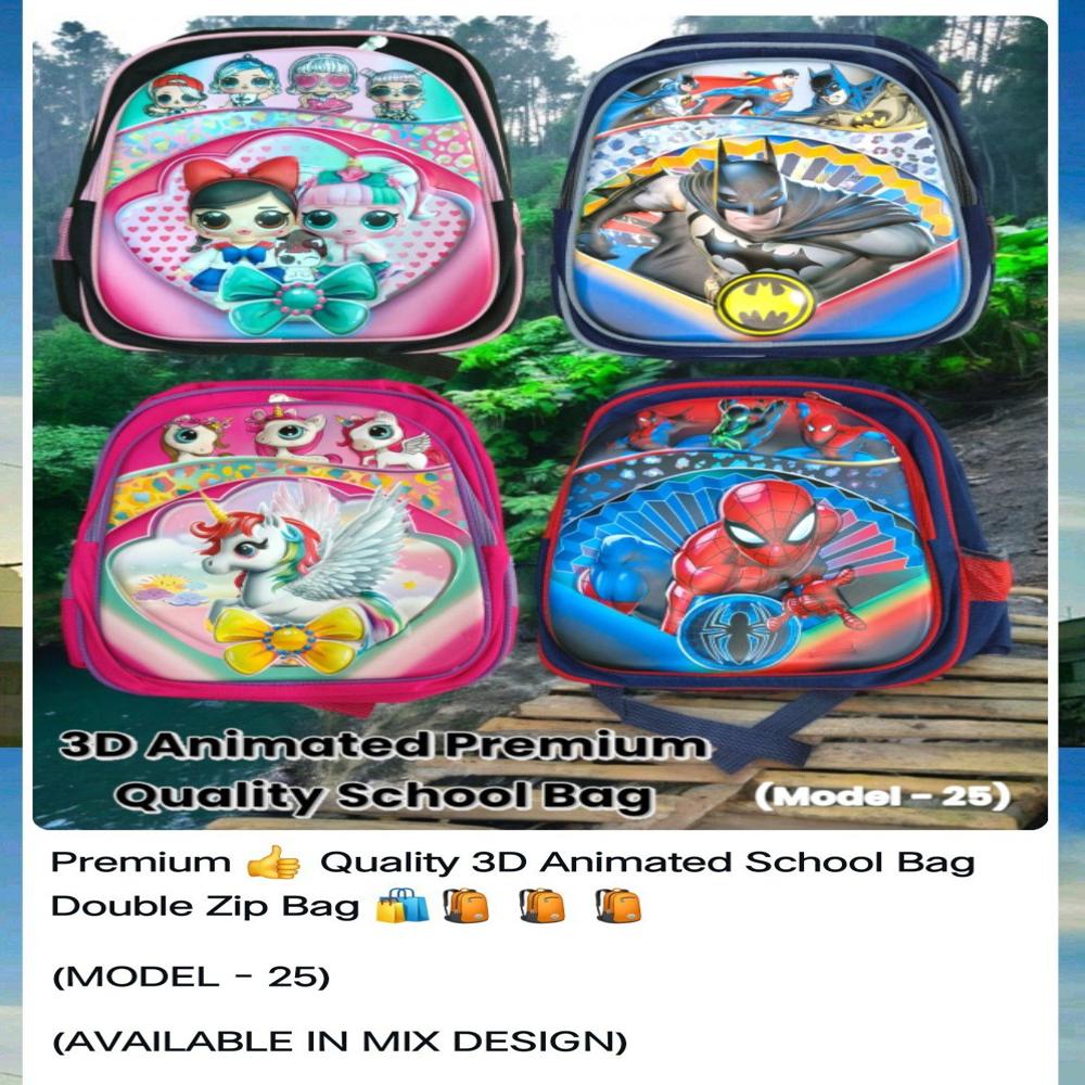 3 D Animated School Bag With Double Zip Model - 25
