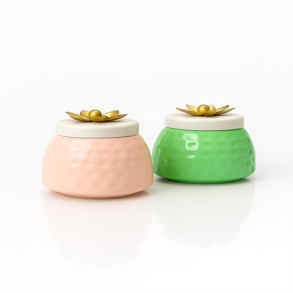Luxury Ceramic Storage Jar Set Of 2 With Golden Lotus Lid - Color: One Pink