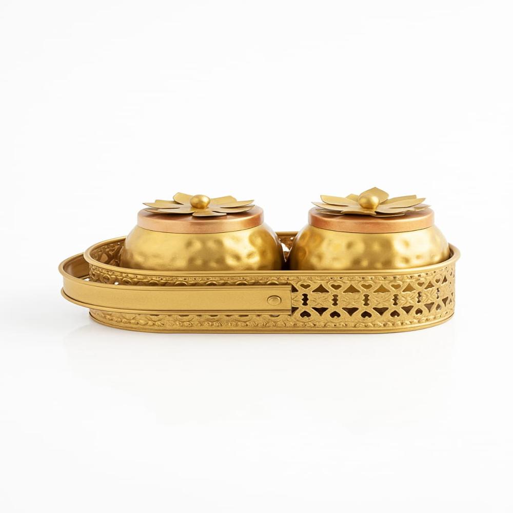Luxury Gold Dry Fruit Jar Set With Decorative Serving Tray - Material: Metal (Gold-Plated/Gold-Colored Alloy Or Stainless Steel)