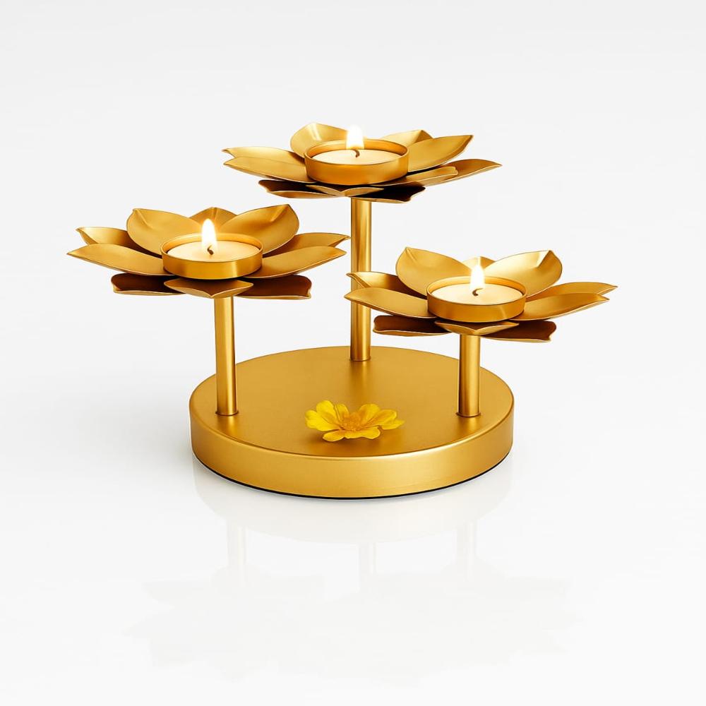 Luxury Golden Lotus Triple Tealight Candle Holder - Application: Tabletop