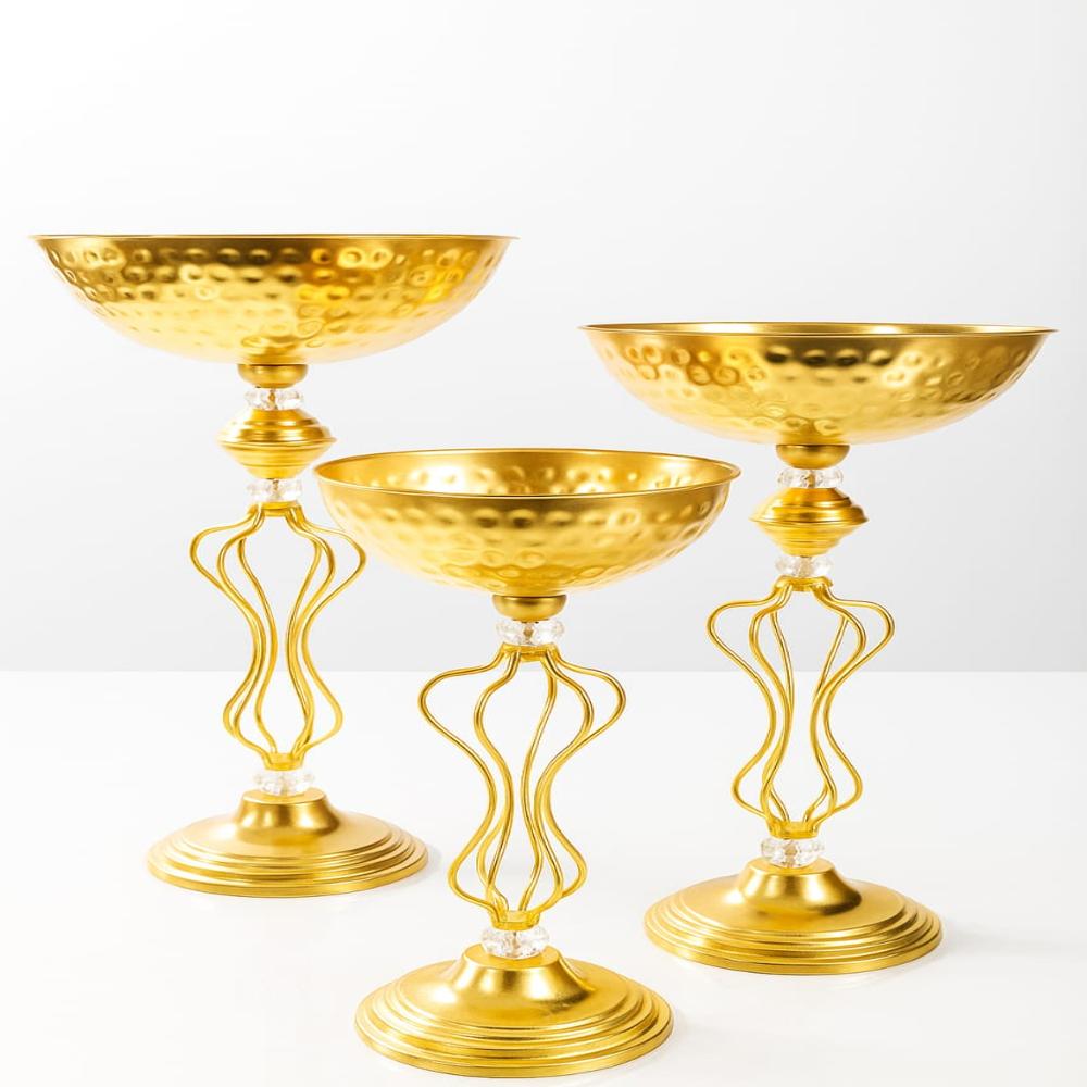 Luxury Golden Hammered Metal Urli Bowl Stand Set Of 3 - Application: Indoor Decoration